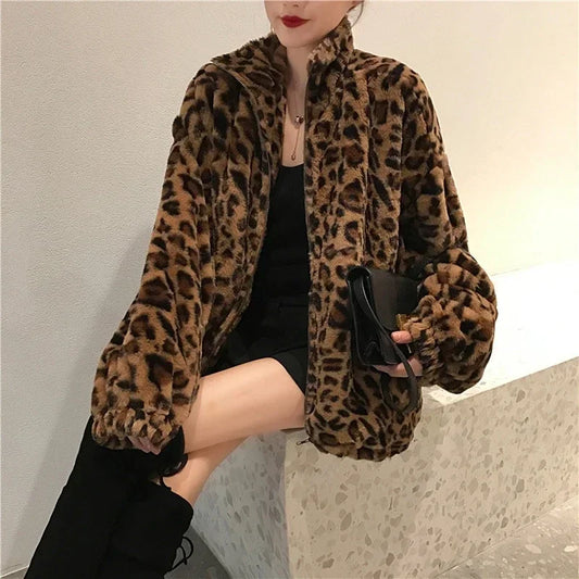 Leopard Fur Collared Zipper Jacket