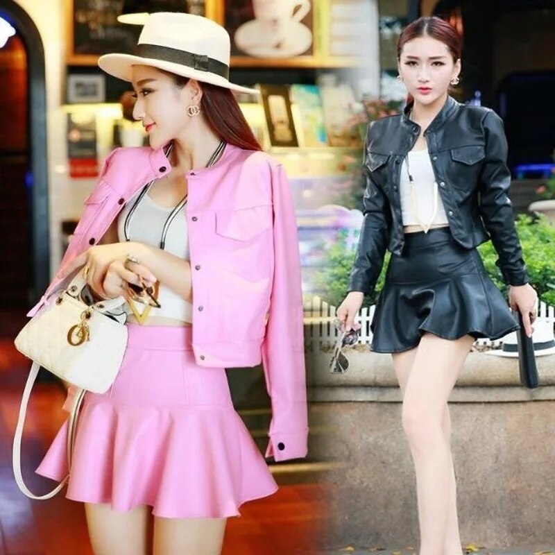 Faux Pu Leather Jacket  +  Mini Skirt