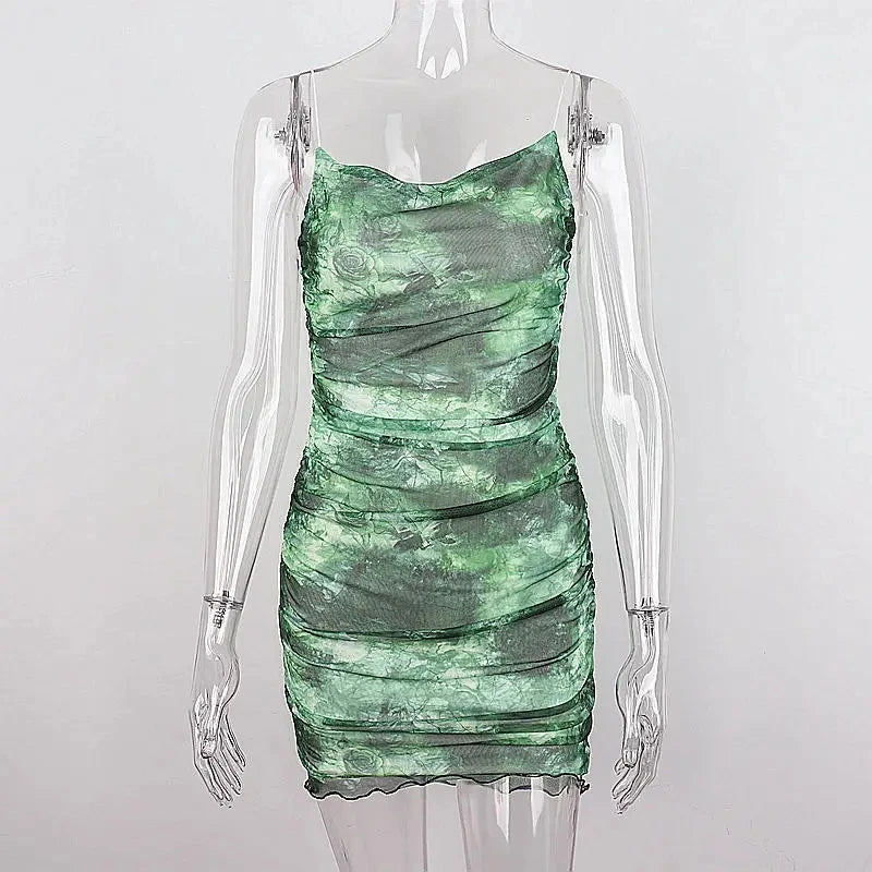 Gradient Green Spaghetti Strap Print Dress
