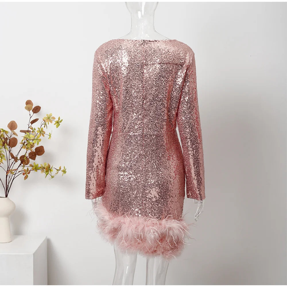 Sequin Feathered Bodycon Evening Dress