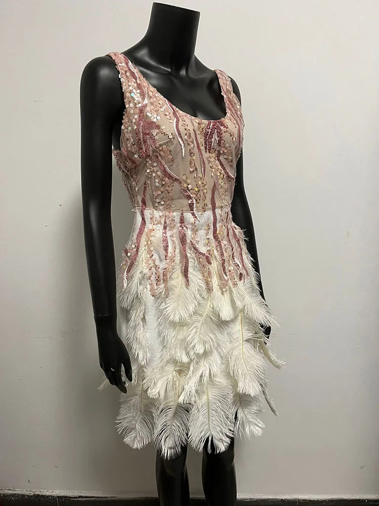 Backless Sequined Feathered Club Dress