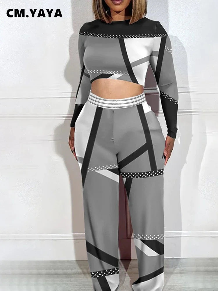 Colorblocked Printed Long Sleeve T-shirt and Wide Leg Pants