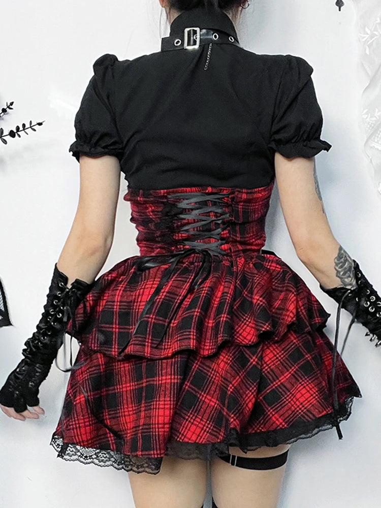 InsGoth High Waist Patchwork Skirt with Belt