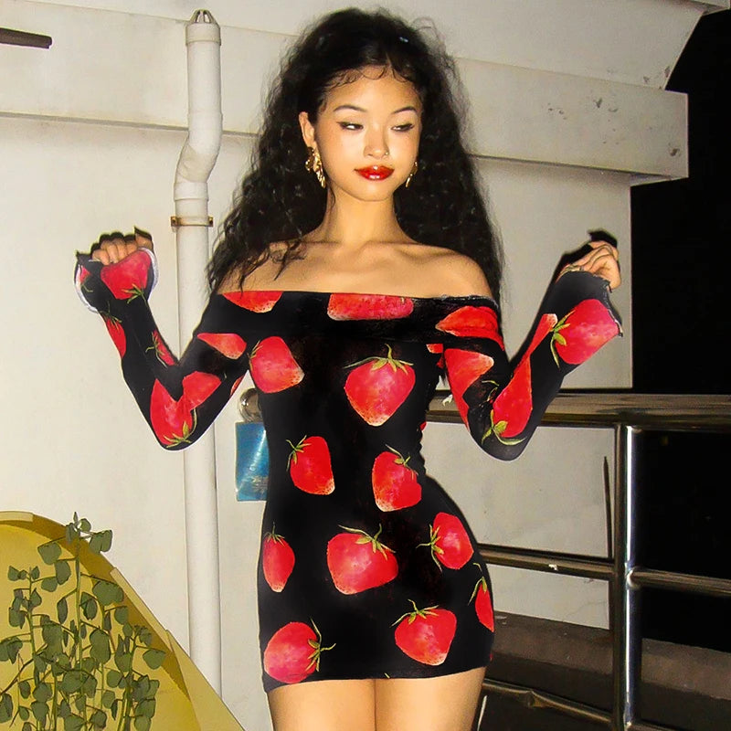 Cutenova Strawberry Print Off Shoulder Mini Dress