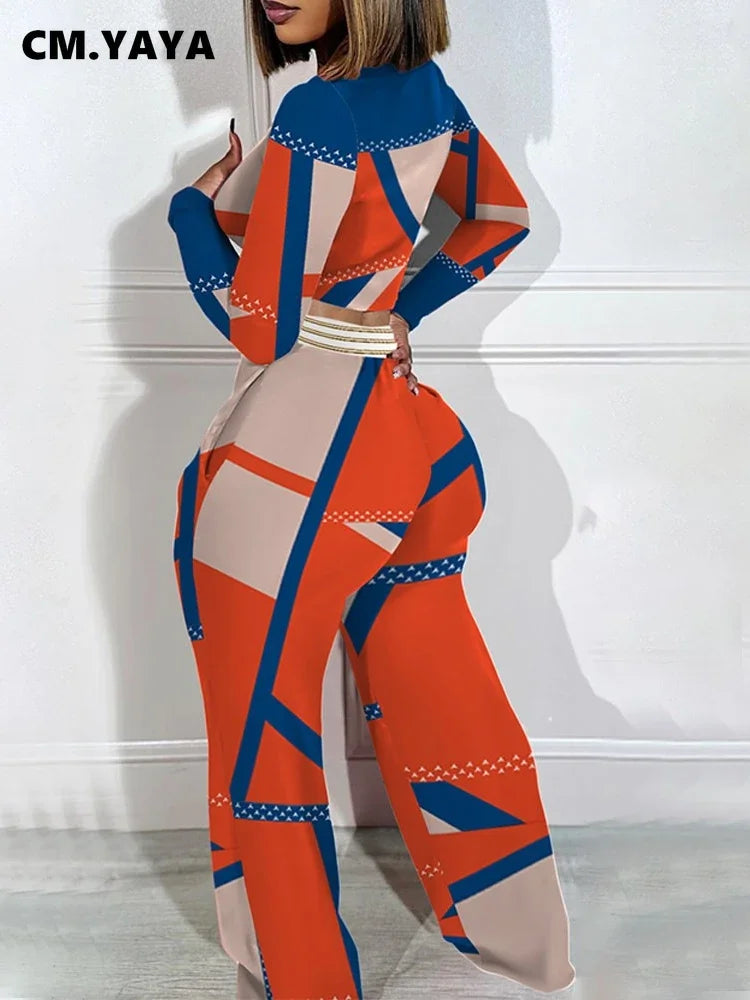 Colorblocked Printed Long Sleeve T-shirt and Wide Leg Pants