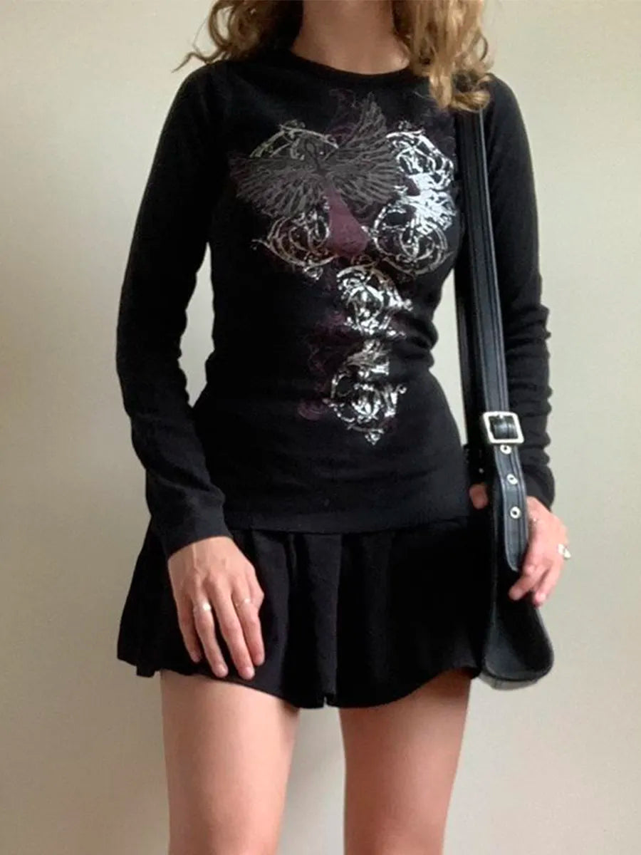 Gothic Butterfly Print Long Sleeve Crop Top