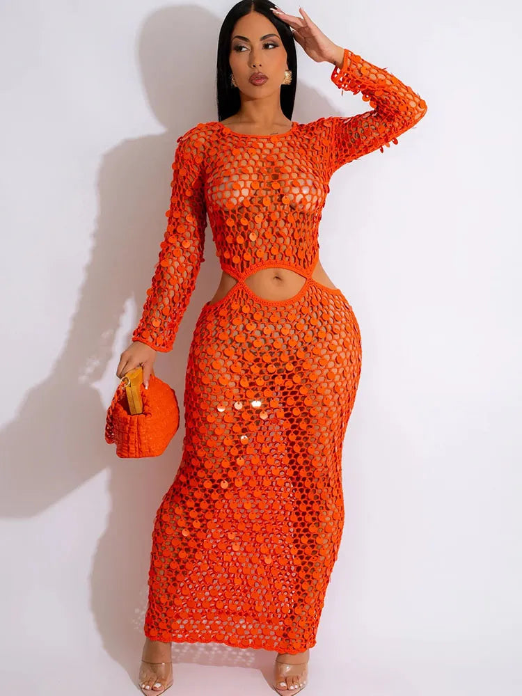 Sequined Crochet Knitted Maxi Dress