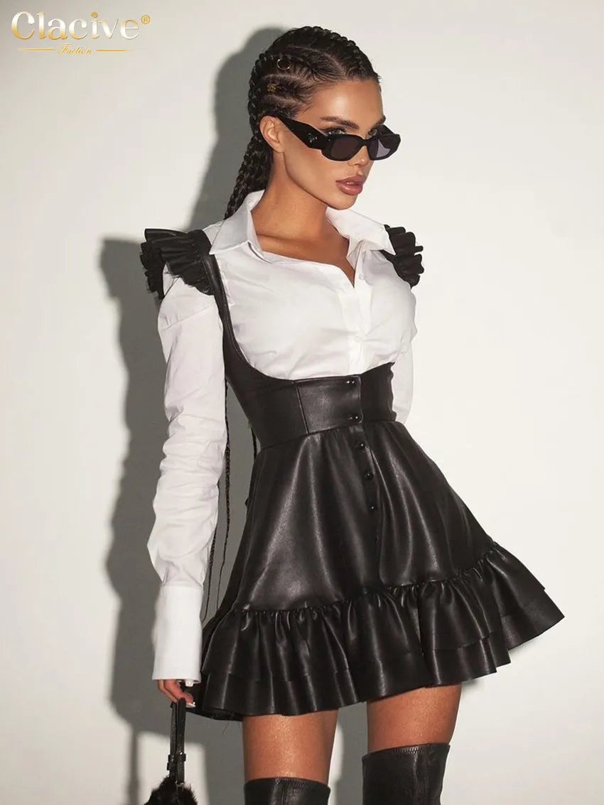 Pu Leather Pleated Mini Dress Set